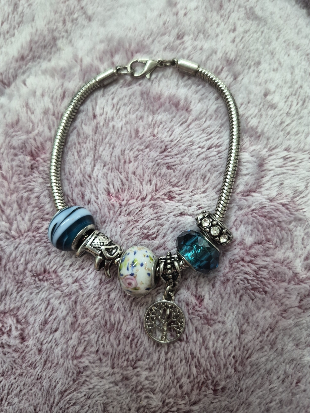 Silver Tree of Life Charm Bracelet with Blue and Floral Beads